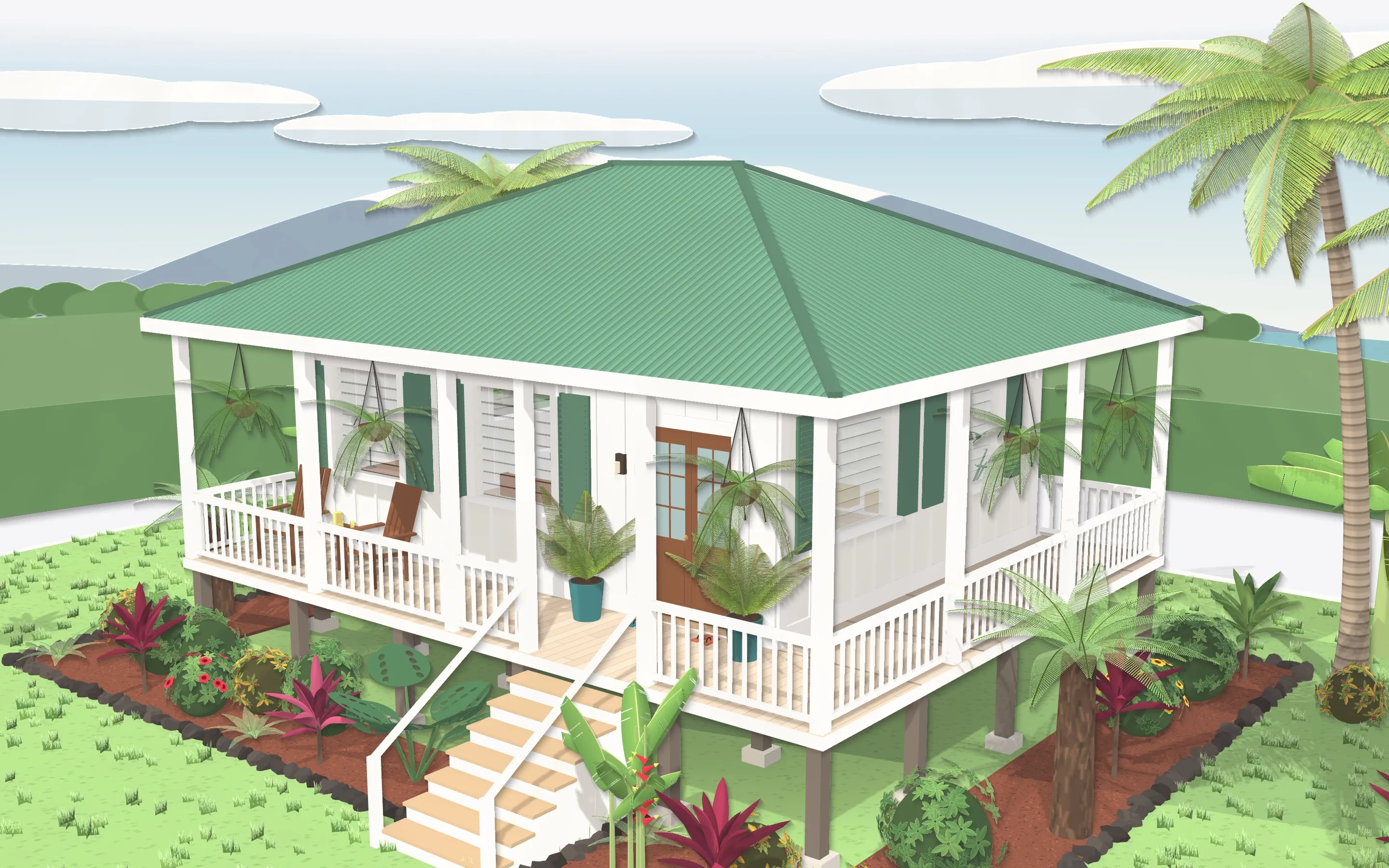A layered paper-cut plantation house above Hilo Bay: green roof, white lanai, palms and red ti plants, Mauna Kea behind